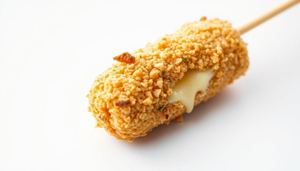 A close-up shot of a breaded cheese stick against a clean, white background, illuminated by soft, even lighting. The breading should have a golden-brown, crispy texture, with visible breadcrumbs, herbs, and spices that create an appetizing, homemade appearance. The cheese stick itself should be slightly visible, oozing and melting, creating a tantalizing contrast with the crunchy exterior. The image should convey the process of creating the ultimate cheese stick breading, highlighting its texture, color, and mouthwatering appeal. A close-up shot of a breaded cheese stick against a clean, white background, illuminated by soft, even lighting. The breading should have a golden-brown, crispy texture, with visible breadcrumbs, herbs, and spices that create an appetizing, homemade appearance. The cheese stick itself should be slightly visible, oozing and melting, creating a tantalizing contrast with the crunchy exterior. The image should convey the process of creating the ultimate cheese stick breading, highlighting its texture, color, and mouthwatering appeal.