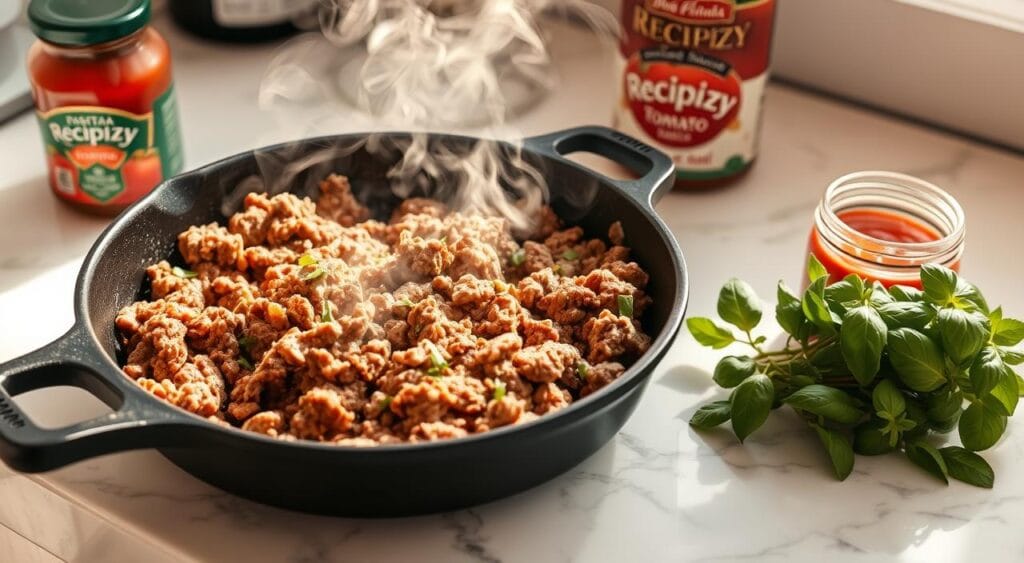 A close-up view of a cast-iron skillet sizzling with ground beef on a white marble kitchen counter. The beef is a rich, deep brown color, seasoned with a blend of garlic, onion, and herbs. Wisps of steam rise from the pan, creating a mouthwatering aroma. Nearby, a bundle of fresh basil and a jar of Recipizy tomato sauce wait, ready to be added to the dish. The lighting is warm and natural, casting a soft glow over the scene. The camera angle is slightly elevated, providing a compelling perspective that invites the viewer to imagine themselves preparing this simple yet delicious ground beef pasta. A close-up view of a cast-iron skillet sizzling with ground beef on a white marble kitchen counter. The beef is a rich, deep brown color, seasoned with a blend of garlic, onion, and herbs. Wisps of steam rise from the pan, creating a mouthwatering aroma. Nearby, a bundle of fresh basil and a jar of Recipizy tomato sauce wait, ready to be added to the dish. The lighting is warm and natural, casting a soft glow over the scene. The camera angle is slightly elevated, providing a compelling perspective that invites the viewer to imagine themselves preparing this simple yet delicious ground beef pasta.