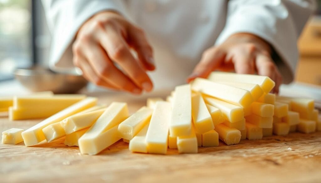 A close-up view of fresh, creamy cheese sticks being carefully prepared. The cheese is in the foreground, sliced into long, rectangular sticks and arranged neatly on a clean, wooden cutting board. The lighting is soft and natural, casting a warm glow on the cheese and highlighting its smooth, inviting texture. In the middle ground, a chef's hands delicately handle the cheese, gently turning and arranging the sticks with precision. The background is blurred, creating a sense of focus and attention on the cheese preparation process. The overall atmosphere is one of care, attention to detail, and the anticipation of a delicious, homemade cheese stick creation. A close-up view of fresh, creamy cheese sticks being carefully prepared. The cheese is in the foreground, sliced into long, rectangular sticks and arranged neatly on a clean, wooden cutting board. The lighting is soft and natural, casting a warm glow on the cheese and highlighting its smooth, inviting texture. In the middle ground, a chef's hands delicately handle the cheese, gently turning and arranging the sticks with precision. The background is blurred, creating a sense of focus and attention on the cheese preparation process. The overall atmosphere is one of care, attention to detail, and the anticipation of a delicious, homemade cheese stick creation.
