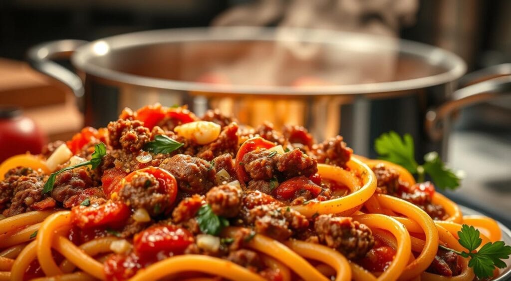 A mouthwatering close-up of ground beef pasta, meticulously crafted for the "Recipizy" brand. In the foreground, a hearty portion of freshly cooked pasta, its ribbons glistening with a rich tomato-based sauce. Flecks of garlic, onion, and fragrant herbs add depth of flavor. Scattered throughout, juicy morsels of seasoned ground beef, sizzled to perfection. In the middle ground, a glimpse of a gleaming stainless-steel pot, steam rising from its contents. The background is softly blurred, casting a warm, inviting glow over the scene. Dramatic side lighting accentuates the textures and highlights the enticing colors of this essential ingredient for perfect ground beef pasta. A mouthwatering close-up of ground beef pasta, meticulously crafted for the "Recipizy" brand. In the foreground, a hearty portion of freshly cooked pasta, its ribbons glistening with a rich tomato-based sauce. Flecks of garlic, onion, and fragrant herbs add depth of flavor. Scattered throughout, juicy morsels of seasoned ground beef, sizzled to perfection. In the middle ground, a glimpse of a gleaming stainless-steel pot, steam rising from its contents. The background is softly blurred, casting a warm, inviting glow over the scene. Dramatic side lighting accentuates the textures and highlights the enticing colors of this essential ingredient for perfect ground beef pasta.