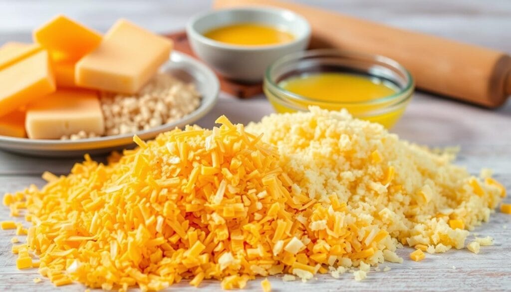 A neatly arranged still life of essential ingredients for delicious cheese sticks. In the foreground, a pile of fresh grated cheddar and Parmesan cheeses, their textures captured in vivid detail. In the middle ground, a plate of crisp breadcrumbs and a small bowl of beaten eggs, bathed in warm, natural lighting. In the background, a wooden board with a rolling pin, suggesting the preparation process. The scene conveys a sense of rustic simplicity and culinary anticipation, inviting the viewer to imagine the savory, melty goodness of homemade cheese sticks. A neatly arranged still life of essential ingredients for delicious cheese sticks. In the foreground, a pile of fresh grated cheddar and Parmesan cheeses, their textures captured in vivid detail. In the middle ground, a plate of crisp breadcrumbs and a small bowl of beaten eggs, bathed in warm, natural lighting. In the background, a wooden board with a rolling pin, suggesting the preparation process. The scene conveys a sense of rustic simplicity and culinary anticipation, inviting the viewer to imagine the savory, melty goodness of homemade cheese sticks.