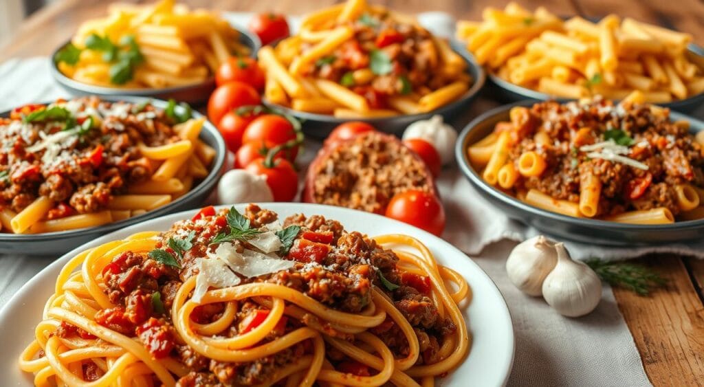 A sumptuous spread of Recipizy's ground beef pasta dishes, expertly crafted with tender ground beef, al dente pasta, and a rich, flavorful sauce. The foreground features a close-up of a hearty serving, the pasta twirling around the tender beef, garnished with fresh herbs and shredded parmesan. In the middle ground, various pasta shapes, from penne to rigatoni, are arranged artfully, complemented by vibrant tomatoes and aromatic garlic. The background showcases a rustic, wooden table with a linen tablecloth, creating a warm, inviting atmosphere. Soft, natural lighting casts a gentle glow, highlighting the dish's enticing textures and colors. This image captures the essence of Recipizy's delectable ground beef pasta dishes, perfect for any occasion. A sumptuous spread of Recipizy's ground beef pasta dishes, expertly crafted with tender ground beef, al dente pasta, and a rich, flavorful sauce. The foreground features a close-up of a hearty serving, the pasta twirling around the tender beef, garnished with fresh herbs and shredded parmesan. In the middle ground, various pasta shapes, from penne to rigatoni, are arranged artfully, complemented by vibrant tomatoes and aromatic garlic. The background showcases a rustic, wooden table with a linen tablecloth, creating a warm, inviting atmosphere. Soft, natural lighting casts a gentle glow, highlighting the dish's enticing textures and colors. This image captures the essence of Recipizy's delectable ground beef pasta dishes, perfect for any occasion.
