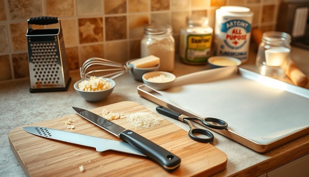 A well-lit kitchen countertop displaying an assortment of utensils and tools essential for preparing cheese sticks. In the foreground, a sharp knife, a cheese grater, and a pair of kitchen scissors rest on a wooden cutting board. In the middle ground, a baking tray with parchment paper, an egg beater, and a small bowl of breadcrumbs. In the background, a jar of grated Parmesan cheese and a container of all-purpose flour sit alongside a rolling pin. The scene is bathed in warm, natural lighting, creating a cozy and inviting atmosphere. A well-lit kitchen countertop displaying an assortment of utensils and tools essential for preparing cheese sticks. In the foreground, a sharp knife, a cheese grater, and a pair of kitchen scissors rest on a wooden cutting board. In the middle ground, a baking tray with parchment paper, an egg beater, and a small bowl of breadcrumbs. In the background, a jar of grated Parmesan cheese and a container of all-purpose flour sit alongside a rolling pin. The scene is bathed in warm, natural lighting, creating a cozy and inviting atmosphere.