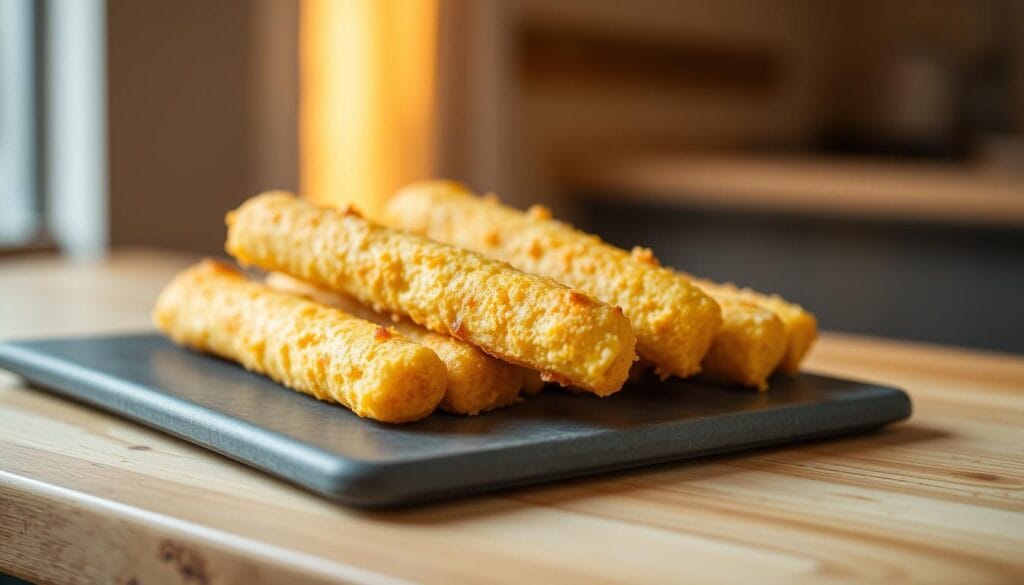 Crisp golden baked cheese sticks, freshly pulled from the oven, with a lightly crunchy exterior and a gooey, melted cheese center. The sticks are arranged neatly on a slate gray serving platter, backlit by warm, diffused natural light that casts a soft, inviting glow. The camera angle is elevated slightly, capturing the sticks from an eye-level perspective, showcasing their tantalizing texture and appetizing appearance. The background is softly blurred, keeping the focus squarely on the delectable cheese sticks, which seem to almost beckon the viewer to take a bite. The overall mood is one of simple, wholesome indulgence - a healthier, homemade alternative to traditional deep-fried cheese sticks. Crisp golden baked cheese sticks, freshly pulled from the oven, with a lightly crunchy exterior and a gooey, melted cheese center. The sticks are arranged neatly on a slate gray serving platter, backlit by warm, diffused natural light that casts a soft, inviting glow. The camera angle is elevated slightly, capturing the sticks from an eye-level perspective, showcasing their tantalizing texture and appetizing appearance. The background is softly blurred, keeping the focus squarely on the delectable cheese sticks, which seem to almost beckon the viewer to take a bite. The overall mood is one of simple, wholesome indulgence - a healthier, homemade alternative to traditional deep-fried cheese sticks.