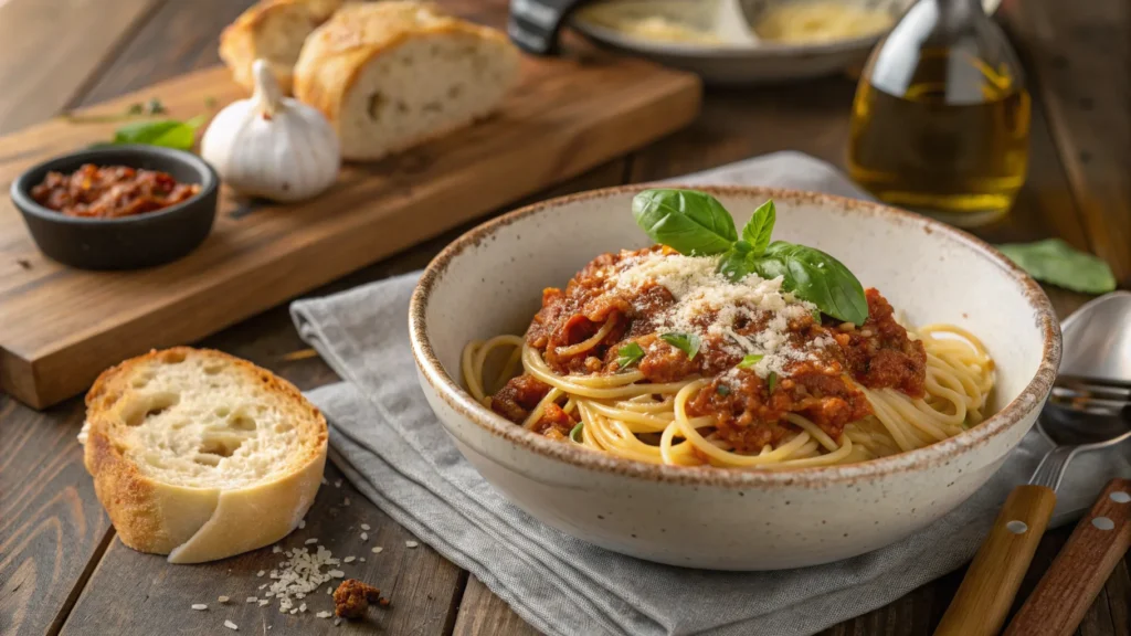 The Best 1-Pot Traditional Spaghetti Bolognese Recipe Plated Bolognese topped with Parmesan and basil, with garlic bread on the side.