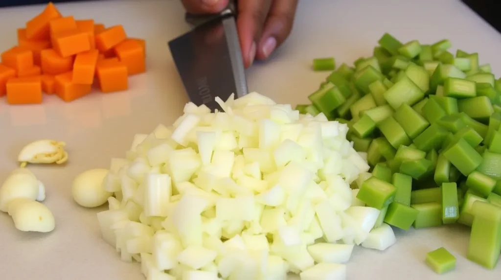 The Best 1-Pot Traditional Spaghetti Bolognese Recipe Finely chopped onion, garlic, carrot, and celery on a cutting board with a chef’s knife.