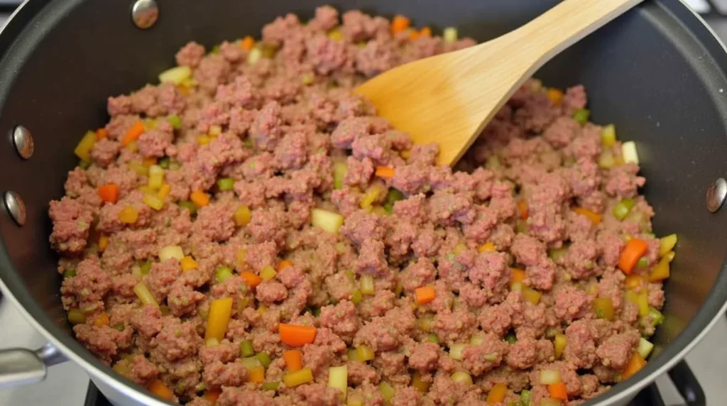 The Best 1-Pot Traditional Spaghetti Bolognese Recipe Ground beef browning in the pot with vegetables.