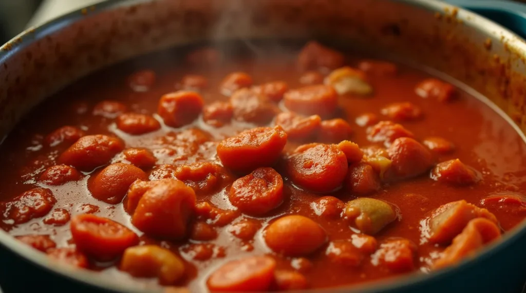 The Best 1-Pot Traditional Spaghetti Bolognese Recipe Rich tomato meat sauce simmering in a pot.