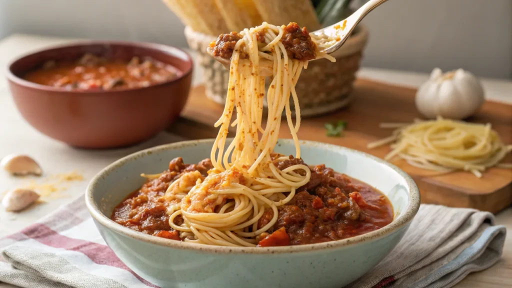 The Best 1-Pot Traditional Spaghetti Bolognese Recipe Spaghetti being tossed into thick meat sauce.