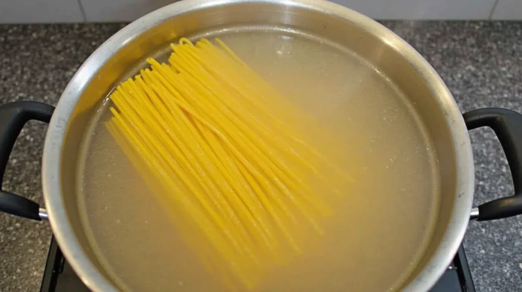The Best 1-Pot Traditional Spaghetti Bolognese Recipe Spaghetti boiling in a large pot of salted water.