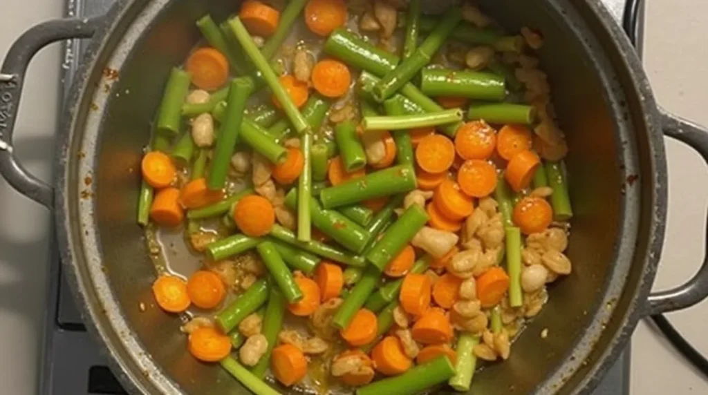 The Best 1-Pot Traditional Spaghetti Bolognese Recipe Vegetables sautéing in a pot with olive oil.