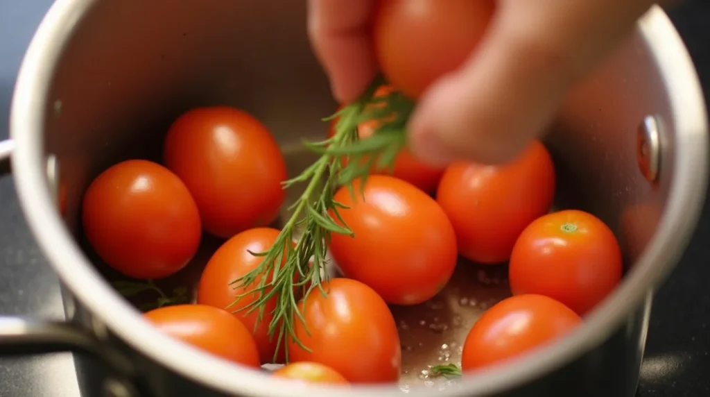 The Best 1-Pot Traditional Spaghetti Bolognese Recipe Whole tomatoes being added to the pot with herbs.