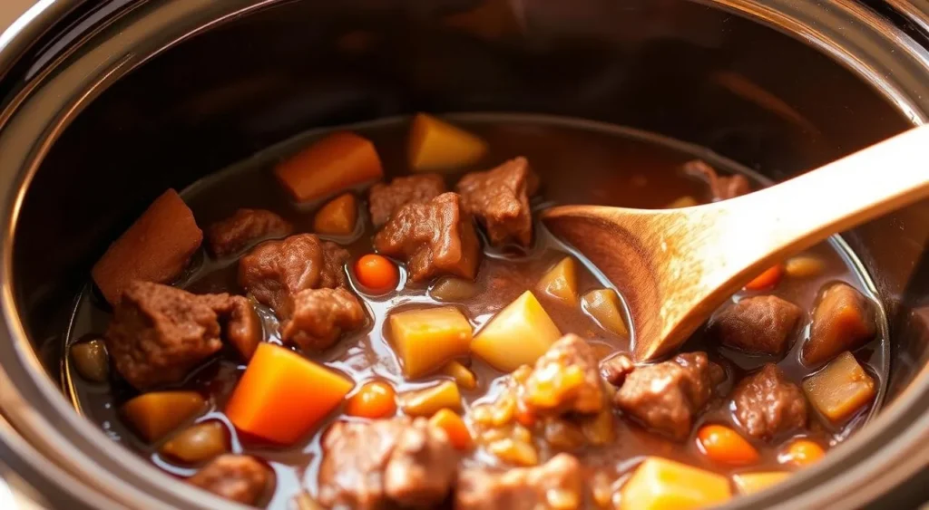 Homemade Beef Stew Recipe: A Comforting Classic Recipe Beef Stew Recipe : A slow cooker filled with a hearty, savory beef stew. The beef chunks are tender and succulent, simmered in a rich, aromatic broth with carrots, potatoes, and onions. The stew glistens under warm, ambient lighting, creating a cozy, homey atmosphere. A wooden spoon rests in the slow cooker, inviting the viewer to dig in. The scene is captured from a slightly elevated angle, highlighting the depth and texture of the dish. The background is softly blurred, keeping the focus on the delectable stew.