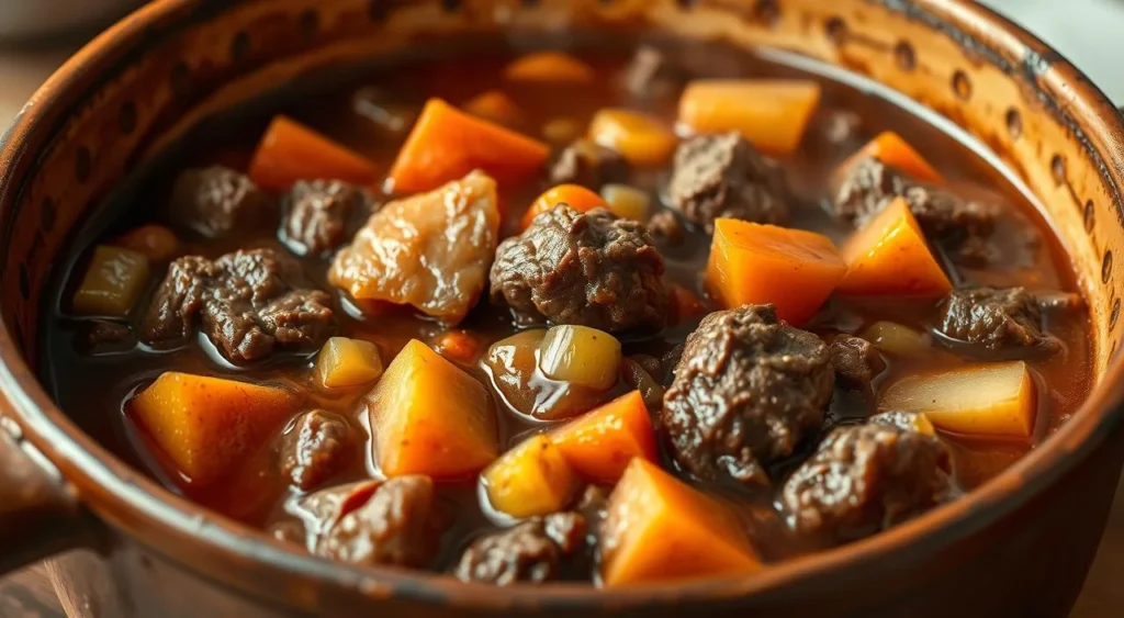Homemade Beef Stew Recipe: A Comforting Classic Recipe Beef Stew Recipe : A sumptuous pot of homemade beef stew, brimming with tender chunks of beef, vibrant carrots, potatoes, and celery in a rich, savory broth. The stew simmers gently under soft, warm lighting, its steam rising in wisps. The vegetables are perfectly cooked, retaining their distinct textures. The dish is presented in a rustic earthenware bowl, its deep hues and rough texture complementing the comforting meal. The overall scene evokes a sense of homely, hearty satisfaction, reflecting the ultimate in comfort food.
