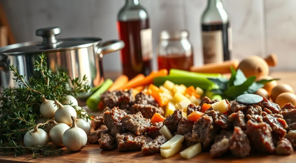 Homemade Beef Stew Recipe: A Comforting Classic Recipe Beef Stew Recipe : A well-lit kitchen counter with an assortment of fresh, high-quality beef stew ingredients artfully arranged. In the foreground, a gleaming cast-iron pot, a bundle of fragrant thyme, and a handful of pearl onions. In the middle ground, a cutting board with diced carrots, celery, and potatoes, their vibrant colors contrasting with the rich, brown beef chunks. In the background, a glass jar of hearty beef broth, a bottle of red wine, and a few fragrant bay leaves. The lighting is soft and warm, casting a cozy, inviting atmosphere, as if beckoning the viewer to dive into the comforting, homemade stew.