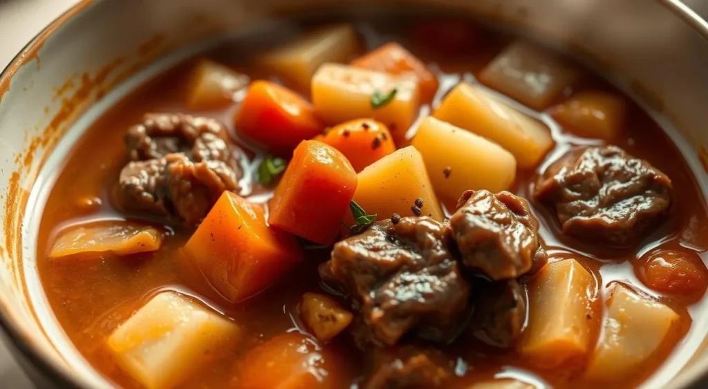 Homemade Beef Stew Recipe: A Comforting Classic Recipe A steaming bowl of classic beef stew, its rich, savory broth enveloping tender chunks of beef, carrots, potatoes, and onions. The warm, earthy aroma fills the kitchen, evoking memories of cozy winter days. Soft lighting casts a gentle glow, highlighting the stew's inviting, rustic appearance. The vegetables have a slight charred edge, adding depth of flavor, while soft herbs provide a delicate touch. A sprinkle of freshly cracked black pepper adds a final touch of seasoning. This comforting, homemade dish sets the stage for a satisfying and nourishing meal, a true embodiment of the classic beef stew that warms the soul.
