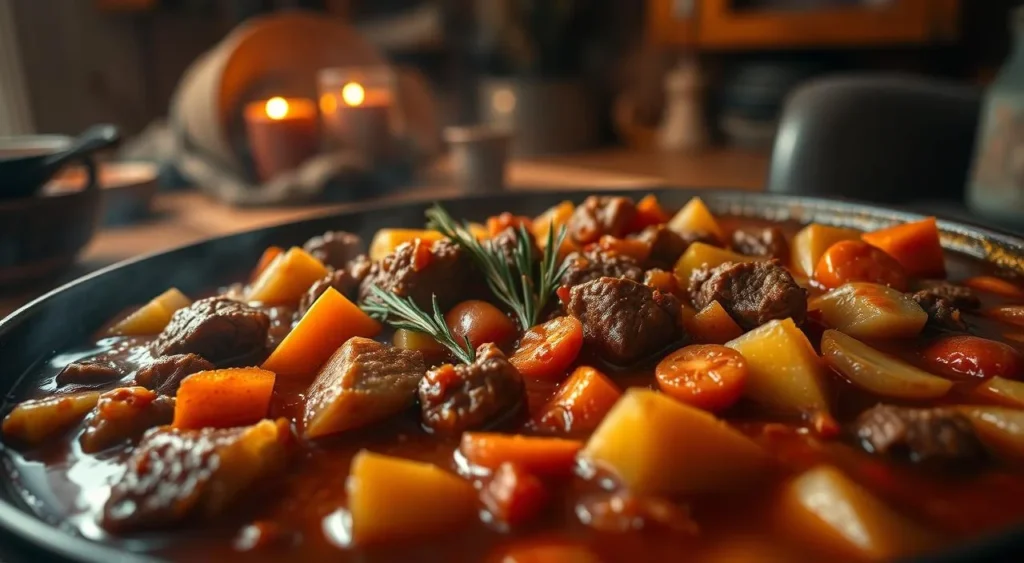 Homemade Beef Stew Recipe: A Comforting Classic Recipe Beef Stew Recipe : A hearty and rustic beef stew, simmering in a rich, savory broth. The foreground features chunky pieces of tender beef, carrots, potatoes, and onions, all bathed in a deep, earthy tomato-based sauce. In the middle ground, a few sprigs of fresh thyme and rosemary add aromatic accents. The background is a cozy, dimly lit kitchen scene, with warm, golden lighting casting a comforting glow. The overall mood is inviting and homey, evoking the comforting flavors and aromas of a classic homemade beef stew. Captured with a wide-angle lens to showcase the dish in its entirety, the image should inspire the viewer's appetite and the desire to recreate this timeless recipe.